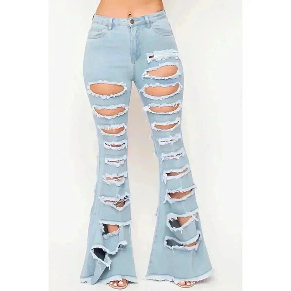 🇺🇸BOGO🆓-Denim Light Blue Flare Leg Distressed Cut Up/Out Jeans - Picture 1 of 6